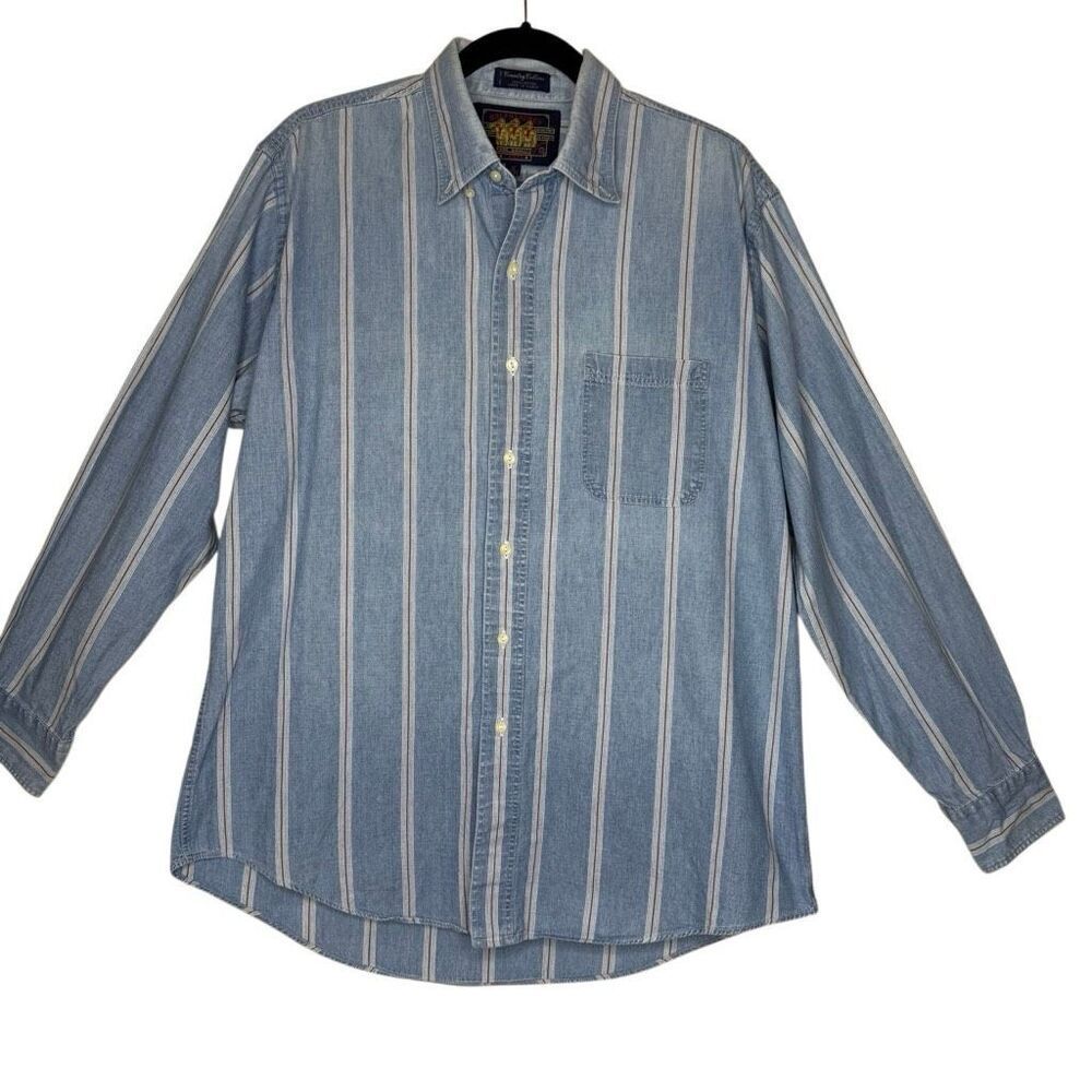 Vtg Ralph Lauren Chaps Lt Denim Blue & Red Striped Button Up Shirt SzXL Slouchy